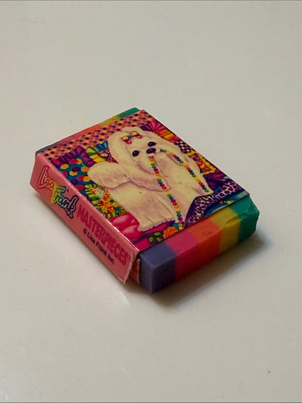 Vintage Lisa Frank Masterpieces Eraser White Puppy Dog Rainbow Neon